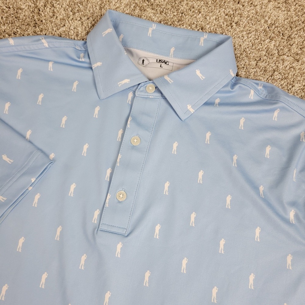 USAG U Suck At Golf Mens Large Blue AOP Logo Performance Stretch Polo SS‎
